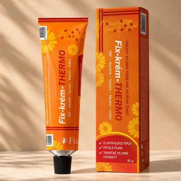 Fix-krem-THERMO_01 Fix-crème-THERMO (84 g) est une crème de massage chauffante haut de gamme à base de camphre, de menthol, d’éther butylique de vanillyle et d’un complexe phytothérapeutique de calendula et de thym. Grâce à sa formule innovante en trois phases, elle procure un soulagement immédiat et durable des douleurs musculaires, articulaires et dorsales. Cette crème réchauffe les tissus en profondeur, stimule la circulation sanguine, réduit l’inflammation et raccourcit le temps de récupération après une activité sportive ou un effort physique.